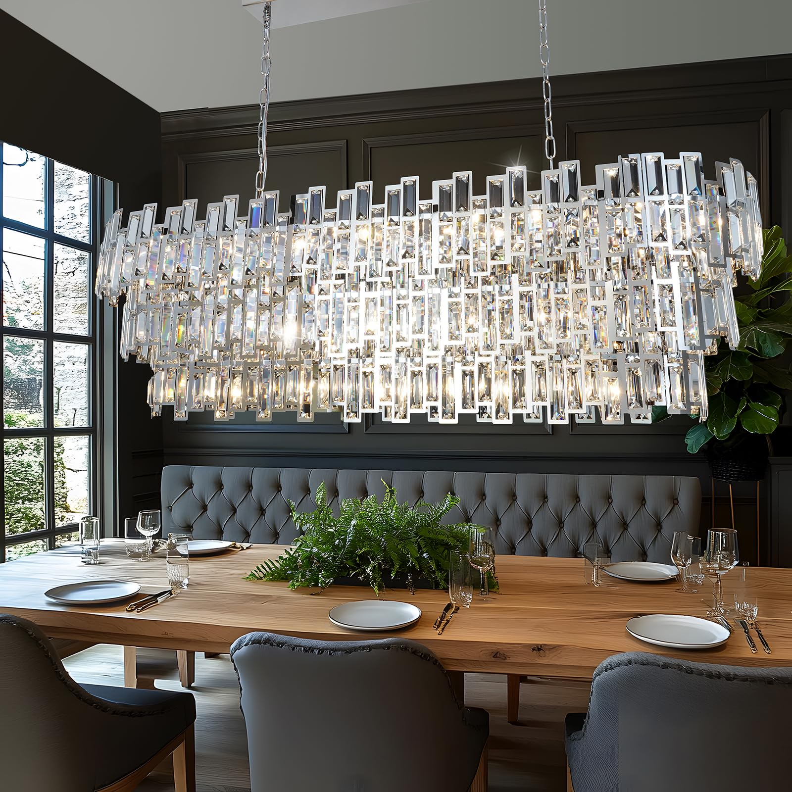 Photo 1 of Rectangular Chandelier for Dining Room Rectangle Dining Room Light Fixture Chrome Crystal Chandeliers Lighting Modern Hanging for Kitchen Island Over Table Linear Large