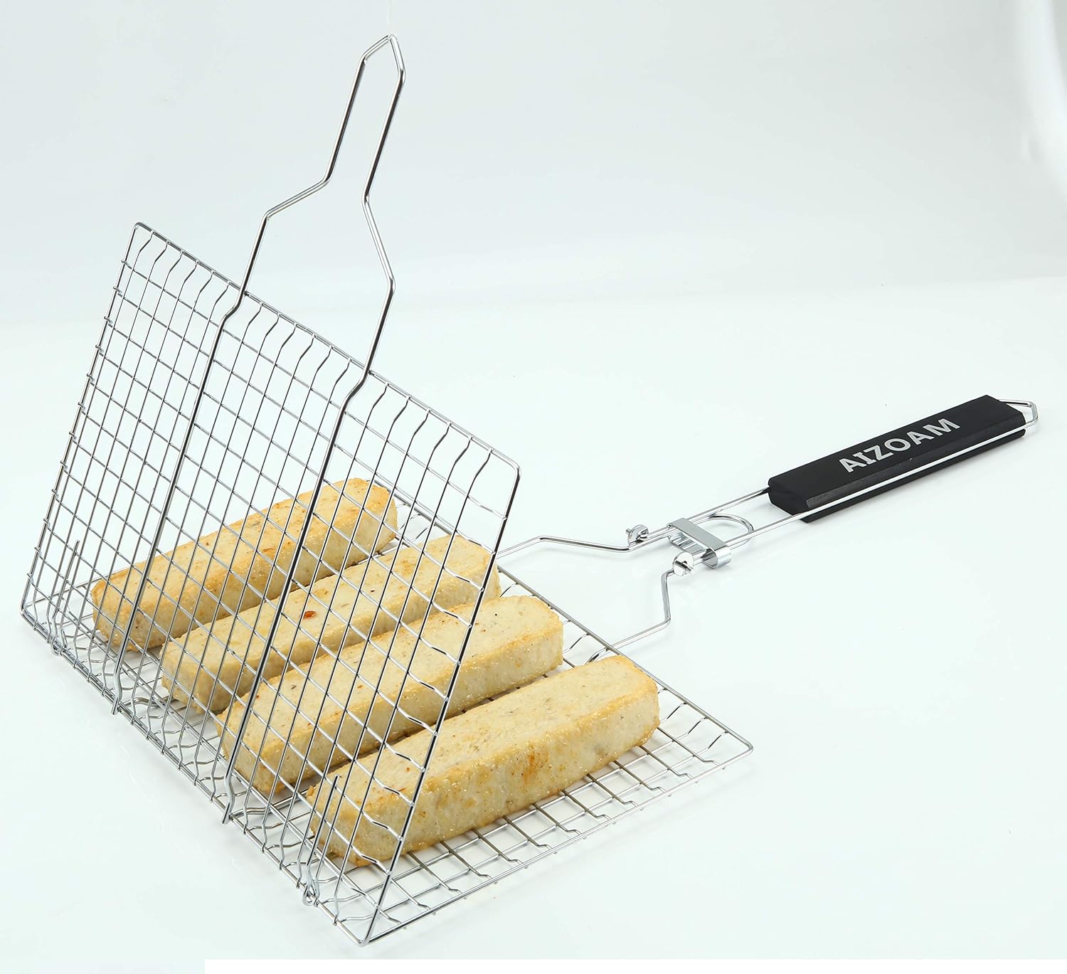 AIZOAM Portable Stainless Steel BBQ Barbecue Grilling Basket for Fish, Vegetables, Shrimp, and Small Flat Sea Food .Great Useful BBQ Tool.-【Bonus Additional Sauce Brush and 50 Natural Bamboo Skewers 】 : Garden & Outdoor