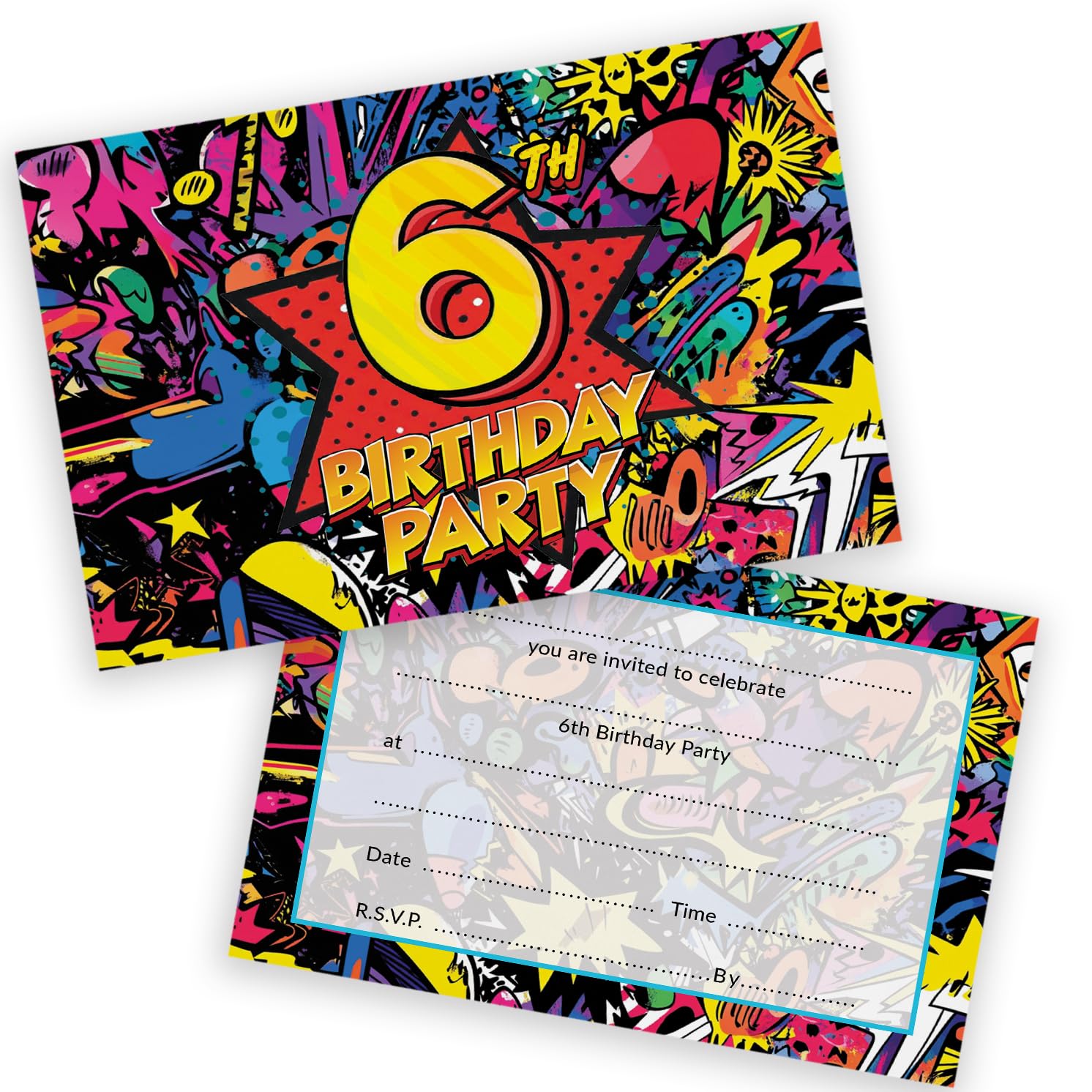 6th Birthday Party Invitations Kids - Comic Book Style 20 Pack - Childrens Birthday Invitations for Boys/Girls A6 Bday Party Invites Invitation Cards with Folding Envelopes โ image 1