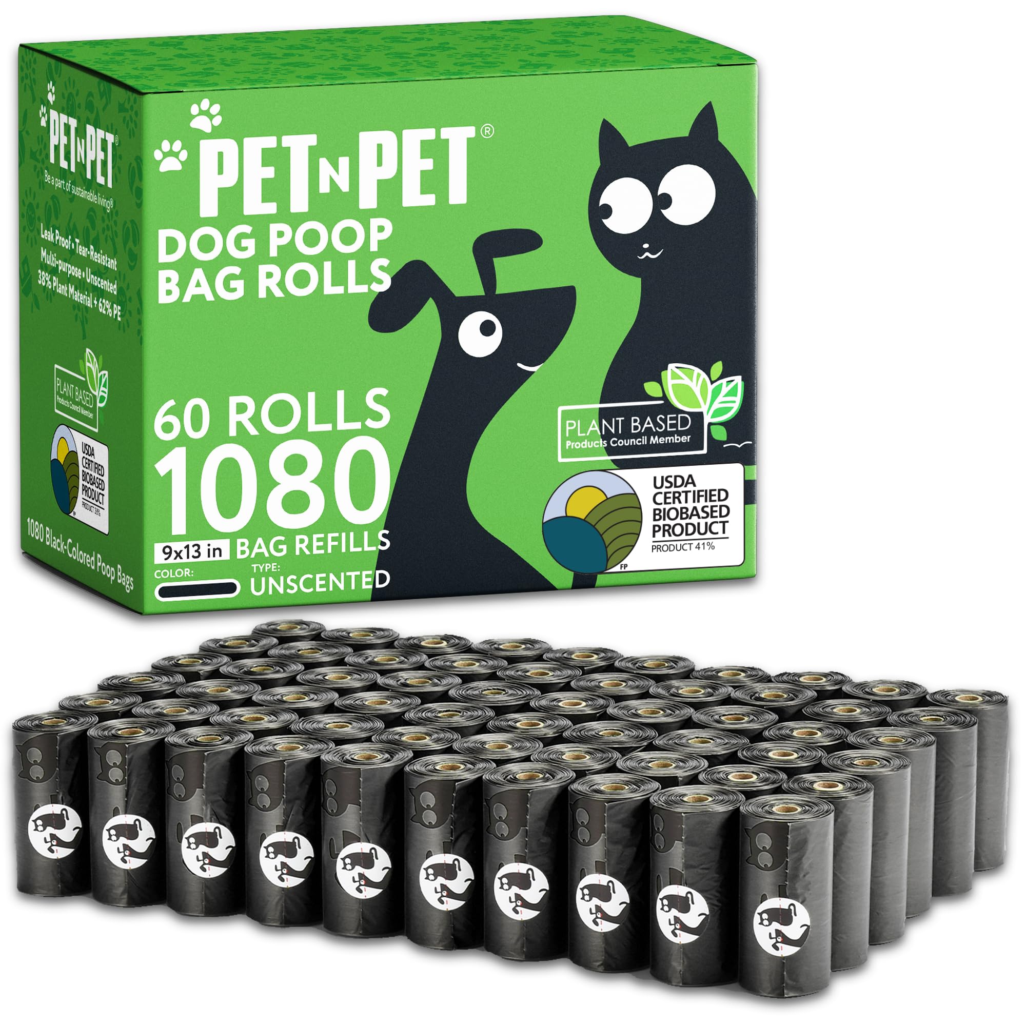 PET N PET 1080 Count Biodegradable Poo Bags Dogs USDA Certified 41 percent Plantbased 72 Thick Dog Poop Bags Rolls 9x13 Leak-Proof Black Unscented