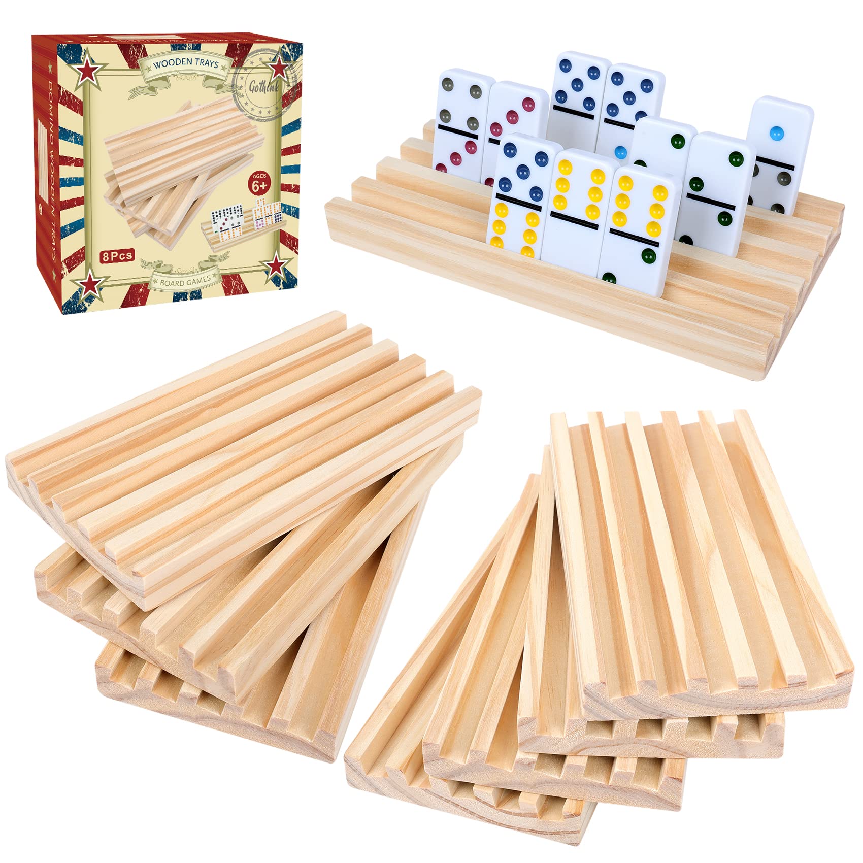 Photo 1 of GOTHINK Wooden Domino Racks Set of 8 Trays for Mexican Train Dominoes Games Domino Tiles Holders Mexican Train Accessories for Adults & Kids - Dominoes NOT Included