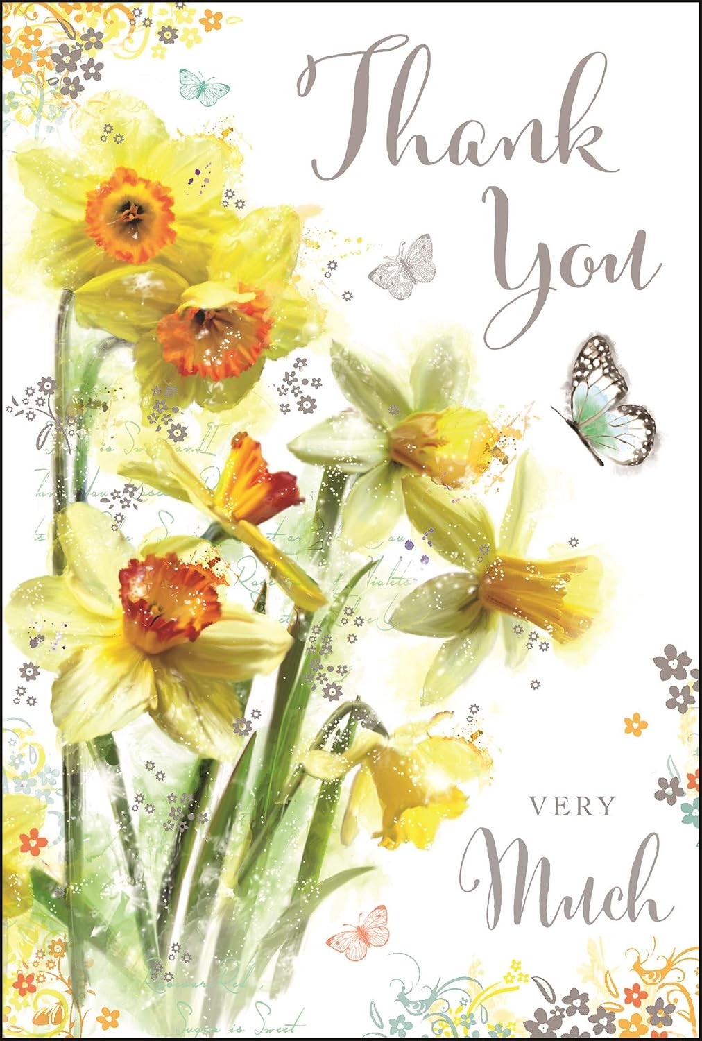 Stunning Artistic Thank You Card (JJ-SG88), Daffodils and Butterflies, Beautiful Foil, Flitter and Embossed Finish