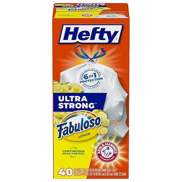 HEFTY ULTRA STRONG 13 GALLON TRASH BAGS, TALL KITCHEN TRASH BAGS 13 GALLON SIZE, RESIST LEAKS, PUNCTURES, AND RIPS, CONTINUOUS ODOR CONTROL, WHITE, FABULOSO LEMON SCENT, 40 BAGS
