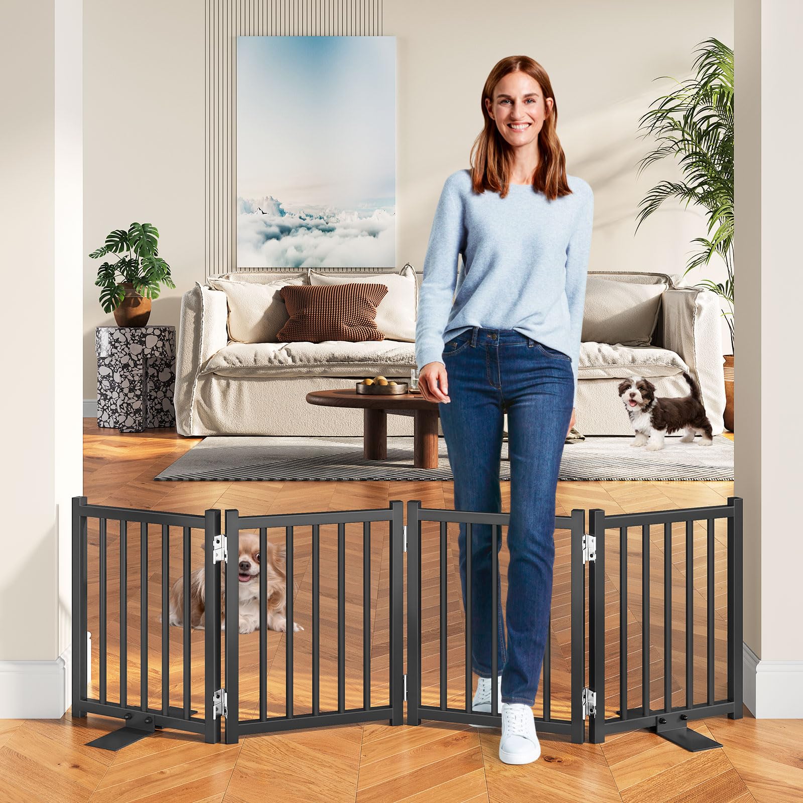 Photo 1 of Snughome Short Dog Gate Indoor, 16" High Freestanding Small Dog Door Gates with Support Feet, Expands Up to 48’’ Wide Foldable Pet Gate for Doorway, 4 Panel Folding Pet Door Pet Fence for Puppy, Black