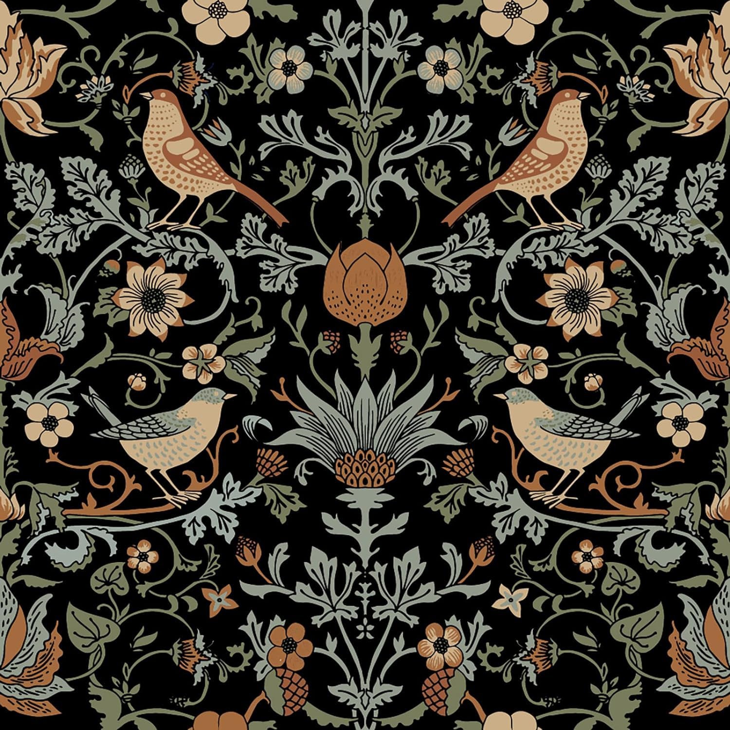 FunStick Black Floral Wallpaper Vintage Wall Paper Flower Bird Tropical Wallpaper for Bedroom Vinyl Wall Paper Floral Bird Tropical Furniture Wrap Vinyl Dark Sticky Back Plastic 44.5CMx3M