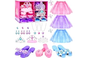 BEIYOQSZ Princess Dress Up Shoes & Pretend Jewelry Toys, Dress Up Clothes for Little Girls, Toddler Role Play Shoes Set with 3 Pairs of Princess Shoes, Skirts, Tiaras Crowns, Gifts for 3 4 5 6 Year Old Girls