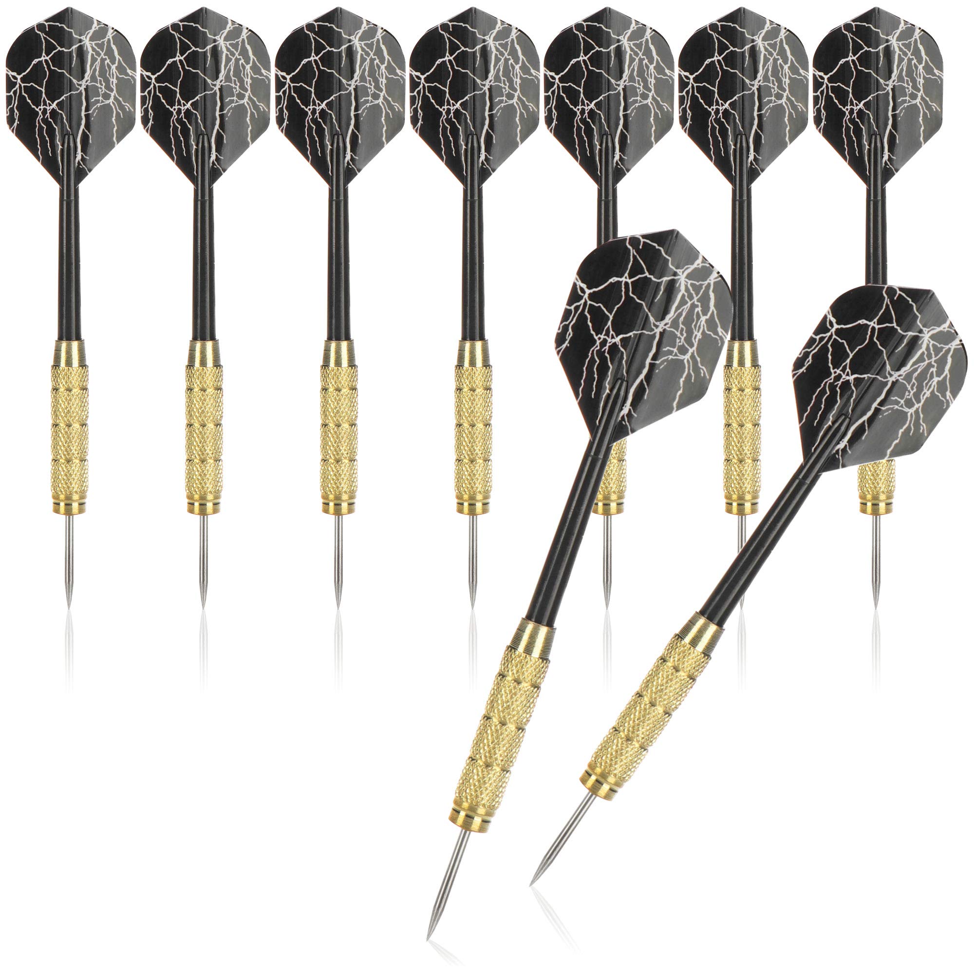 com-four® 9x dart, bronzed steel darts, darts with steel tip, plastic shaft and black flights with flashes, good flight characteristics