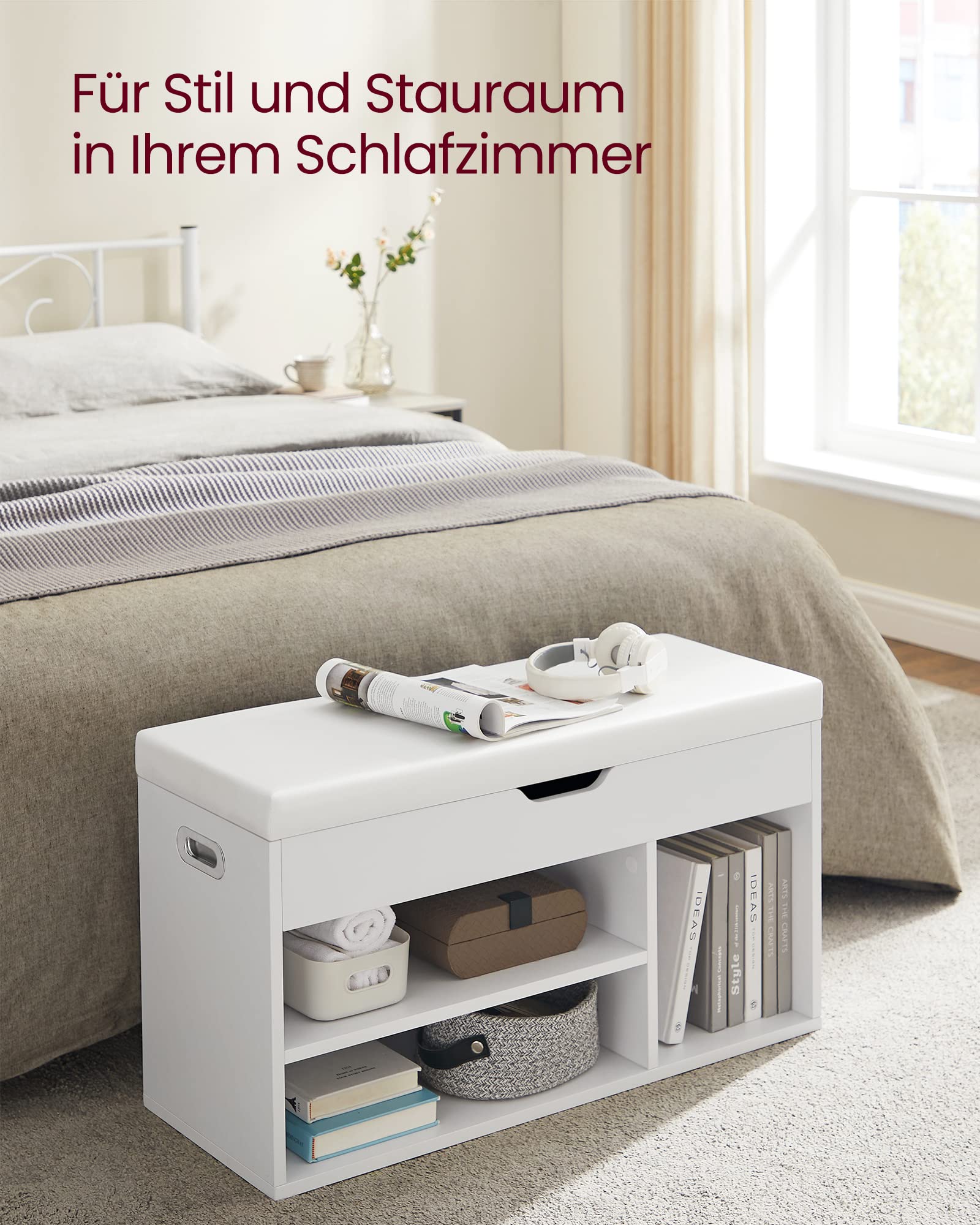 VASAGLE Schuhbank mit Sitzfläche, Sitzbank mit Stauraum, gepolstert, 3 offene Fächer, Fach unter Sitzkissen, Schuhregal für Wohnzimmer, Flur, bis 136 kg belastbar, wolkenweiß LHS30W 3