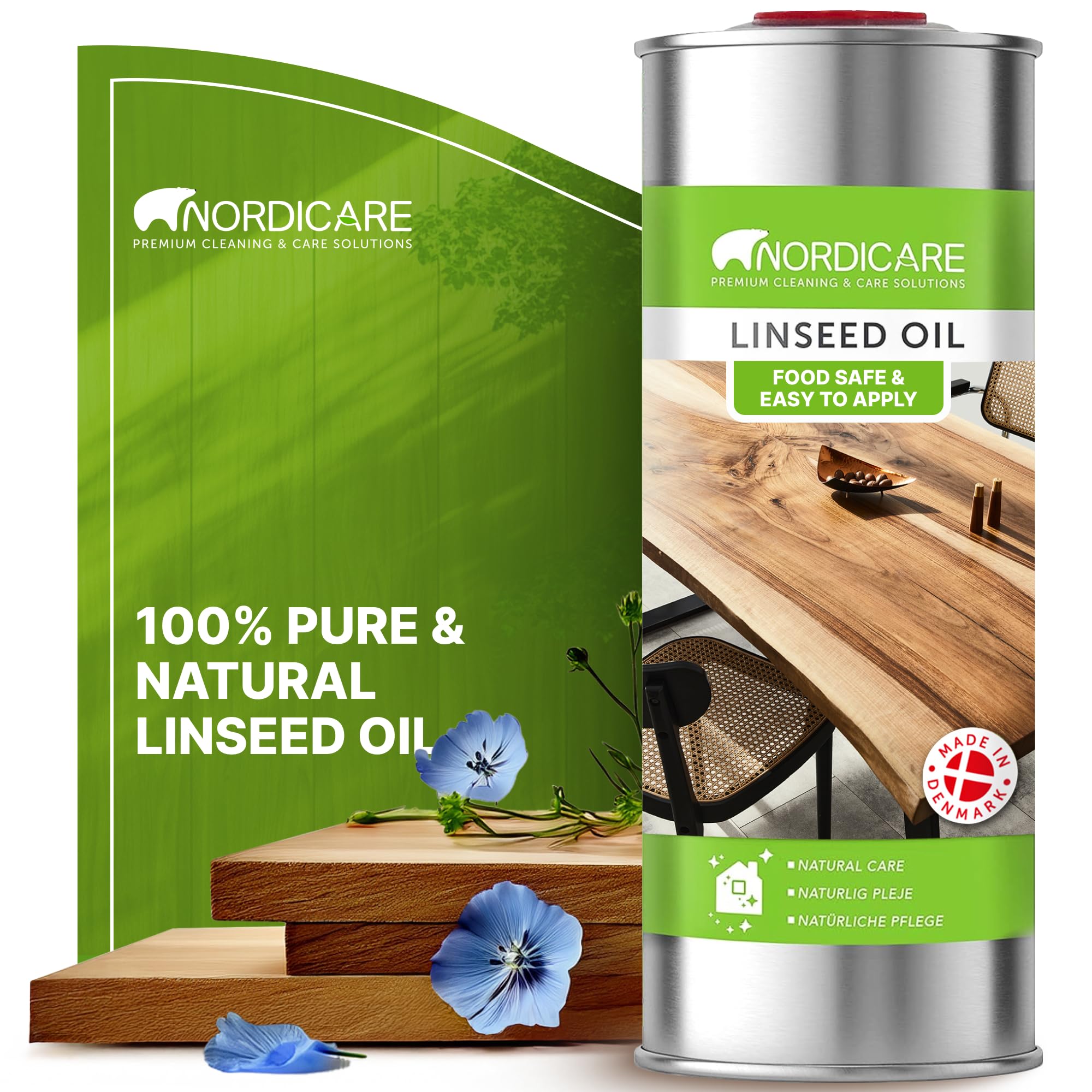 Nordicare Linseed Oil for Wood - 100% Pure & Natural Linseed Oil for Indoor Furniture - Food-Safe Underlining Original Structure - Made in Denmark (1L)