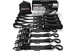 FORTEM Ratchet Tie Down Straps, 5208lb Break Strength, 4 Pack 10ft x 1.5in Heavy Duty Straps, 4 Soft Loops, Cam Buckles for Motorcycles, Safety Lock S Hooks, Carry Bag