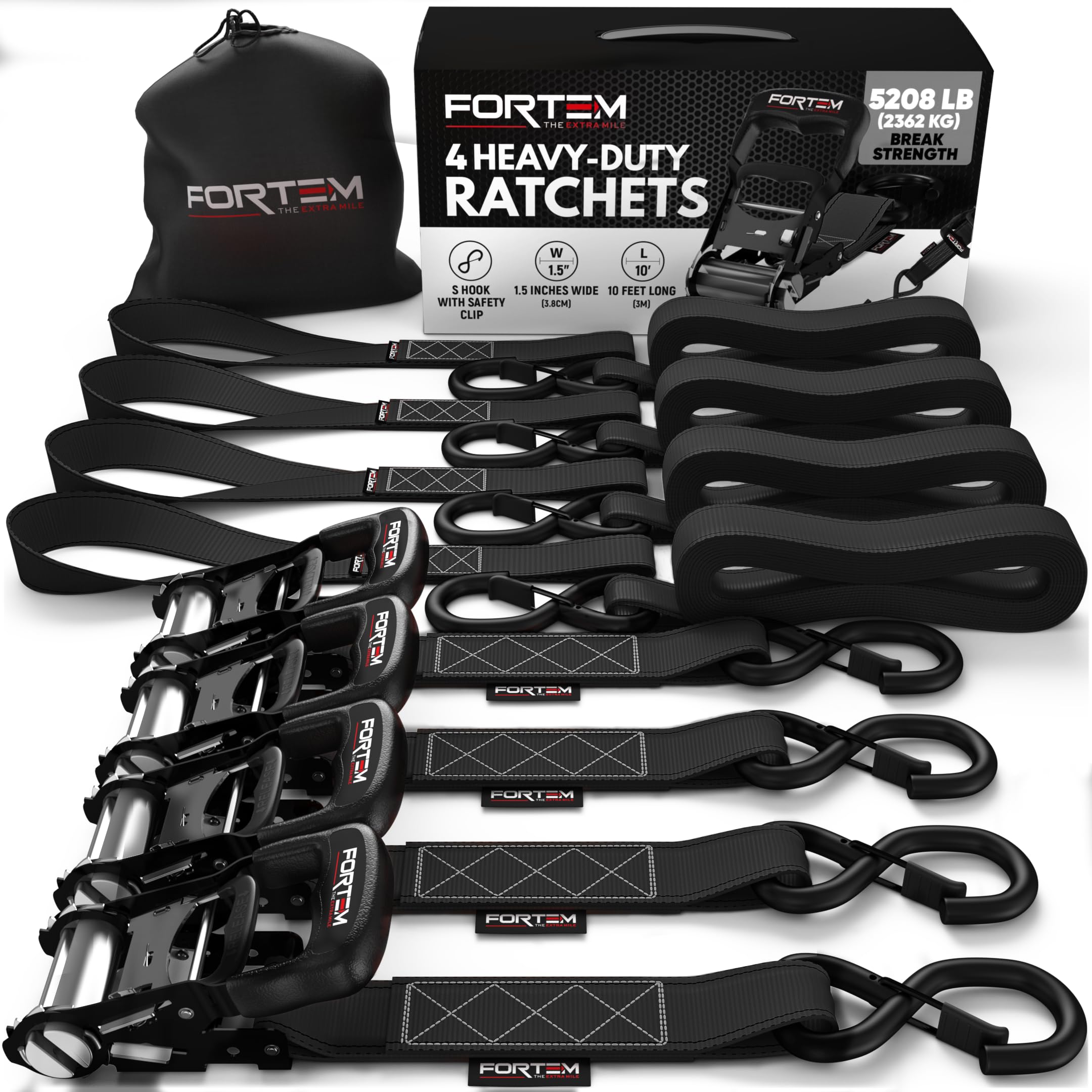 FORTEM Ratchet Tie Down Straps, 2362kg Break Strength, (4) 3.04 Meter Heavy Duty Straps, (4) Soft Loops, Rubber Coated Metal Handles, Safety S Lock Hooks, Carrying Bag