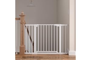 Mumeasy Baby Gate for Stairs, 29.6"-46" Pressure Mounted Pet Gate with Walk Through Door, Auto Close Dog Gate for House, Stairs, Doorways