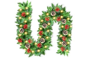 Christmas Garland, JTSIOV 9ft Artificial Christmas Tree Garland with 9ft Lights, Pine Cones, Red Berries, Branch Tips, Waterproof Christmas Decoration for Stairs, Fireplace, Door, Xmas Trees, Garden