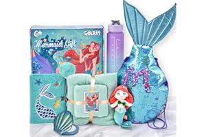 Golray Little Mermaid Toys for Girls Gifts 5 6 7 8 9 10 Years Old, Sequin Backpack Blanket Mermaid Stuffed Animals Plush Diary with Lock Compact Mirror Water Bottle Christmas Birthday Gift for Girl 6+