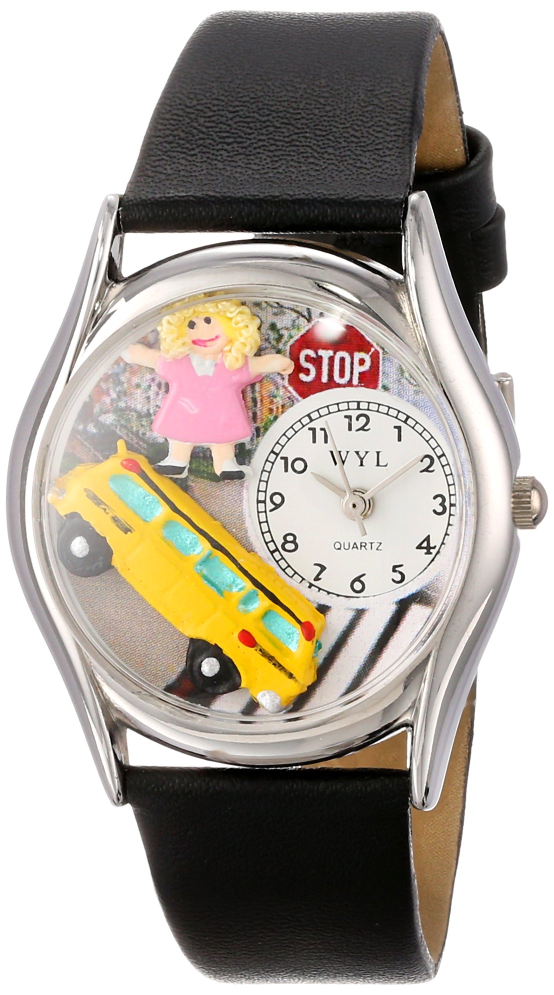 Whimsical Watches School Bus Driver Black Leather and Silvertone Unisex Quartz Watch with White Dial Analogue Display and Multicolour Leather Strap S-0640012