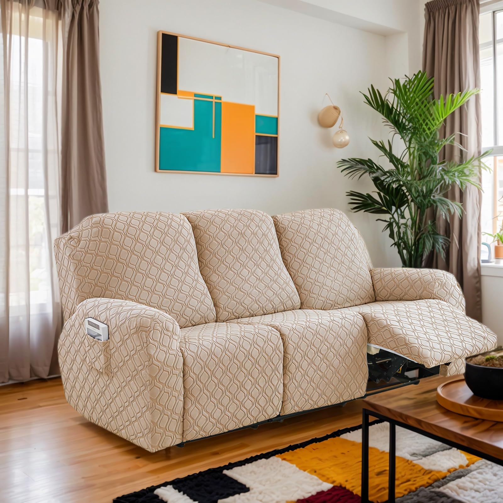 OKUYUK Recliner Chair Cover, 8-Pieces Stretch Recliner Covers for Recliner Chair Soft Reclining Chair Slipcover Furniture Protector for Dogs Cats (Sand, 3 Seater)