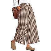 Neer Women's Plaid Gingham Skirt Pants Flowy Oversized Wide Leg Elastic Waist Palazzo Casual Trousers with Pockets