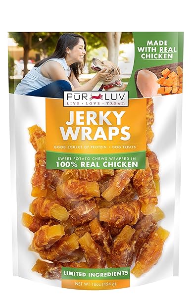 PUR LUV CHICKEN WRAPPED SWEET POTATO DOG TREATS, RAWHIDE FREE JERKY WRAPS, MADE WITH REAL CHICKEN, 16 OZ, HEALTHY, EASILY DIGESTIBLE, LONG LASTING, HIGH PROTEIN TREAT, SATISFIES DOG’S URGE TO CHEW