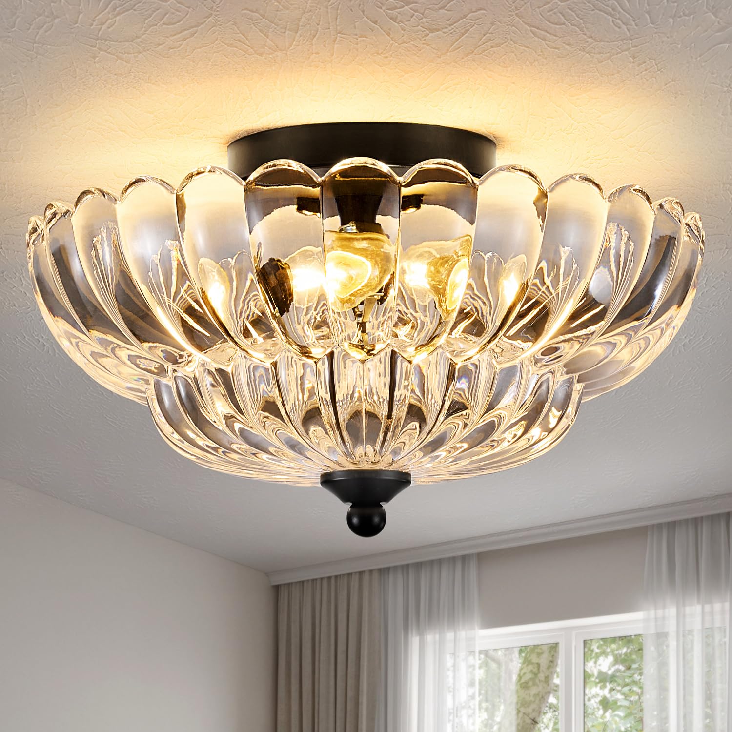 Photo 1 of Modern Black Ceiling Light Fixture, 12" Clear Glass Flush Mount Chandeliers, Semi Flush Mount Ceiling Light Fixture Suitable for Living Room Hallway Kitchen Bedroom
