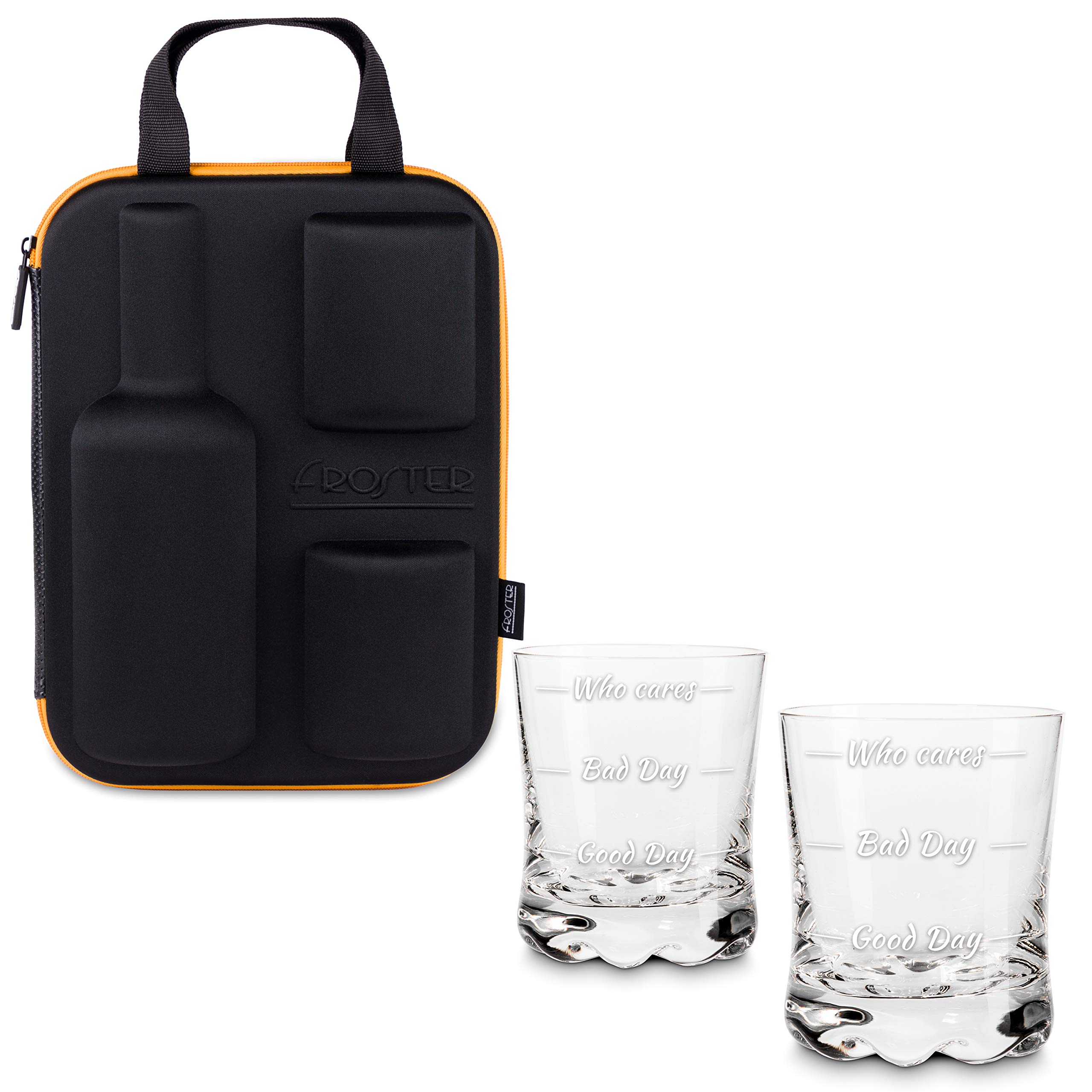 Froster Whisky Case with Glasses Who Cares, Bottle Carrier, 2 Glasses with 3 Levels of Mood, 8,8 oz Tumblers (Printed)