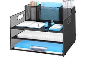 Desk Organizer with pen holders, 3-Tier Letter Paper Tray Organizer with 3 Pen Holder, Desk Organizers and Accessories, Mesh 