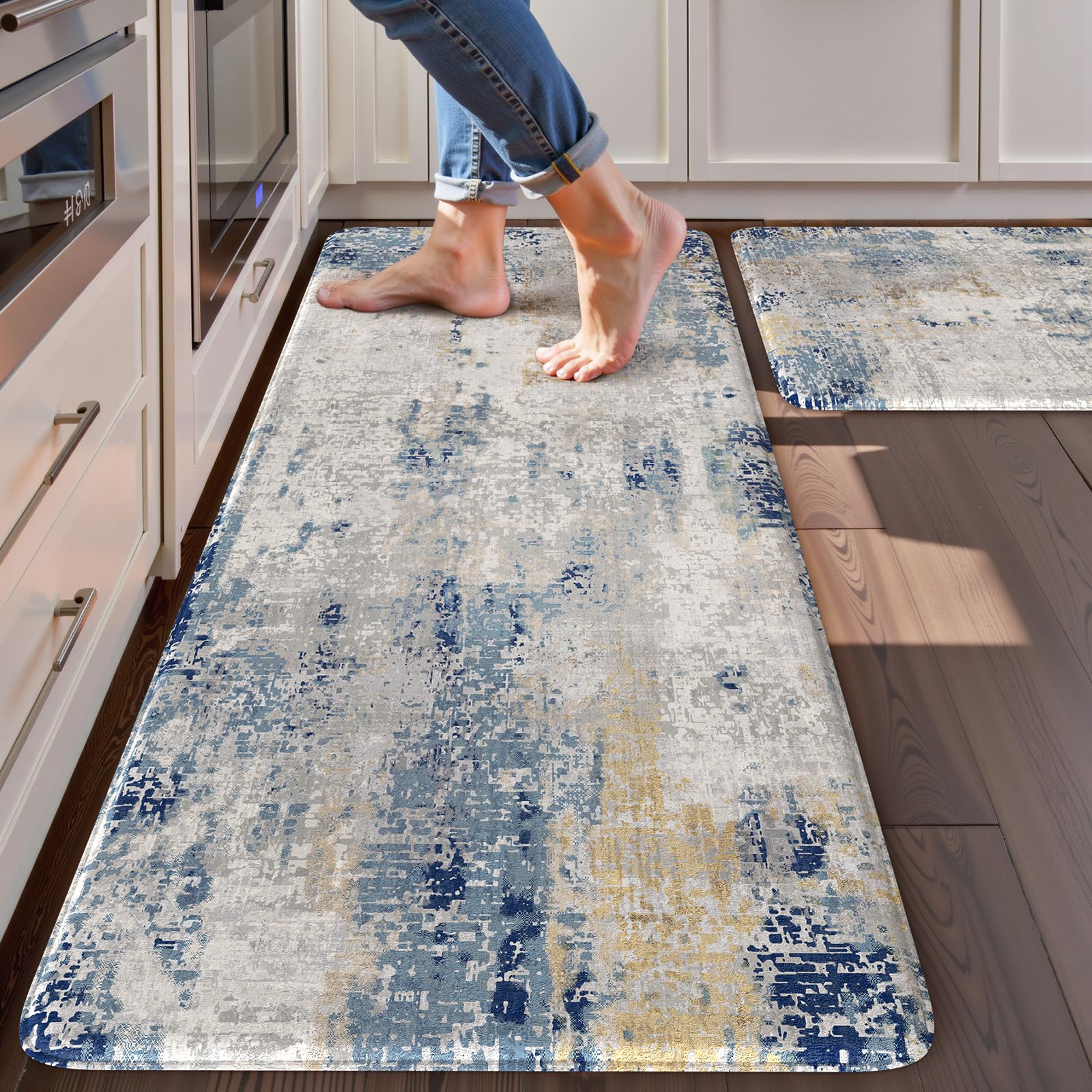 Photo 1 of LEEVAN Anti Fatigue Kitchen Mats, Multi Blue Kitchen Rugs 20"x32"+20"x47", Non-Slip Waterproof Kitchen Floor Mats, Colorful Comfort Mats for Kitchen Floor, Sink, Laundry, Office