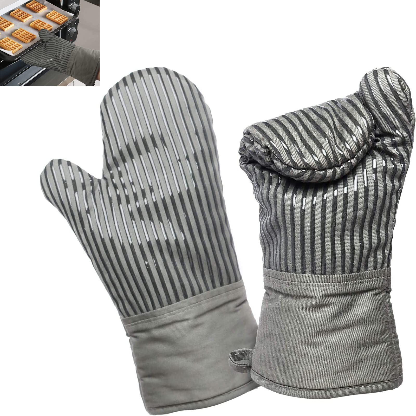 Oven Gloves Heat Resistant, Kitchen Accessories Gray Double Side Non Slip Silicone Oven Mitts Pair for Cooking/Baking, bbq Accessories, Oven Mitts with Hanging Loop, Heatproof Glove, Machine Washable
