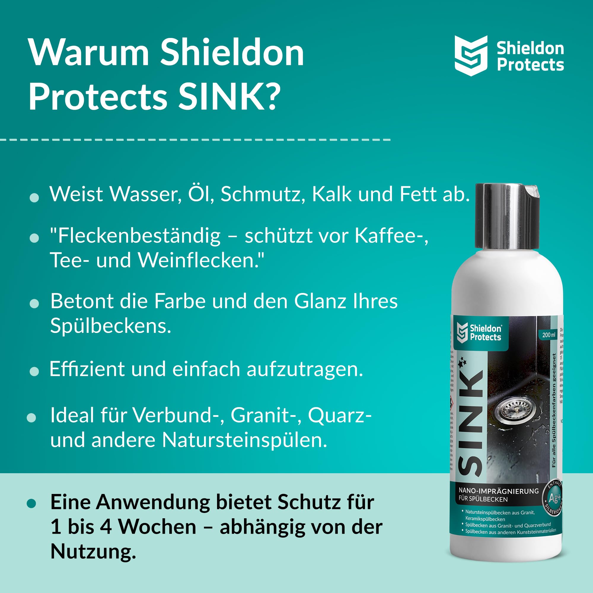 Shieldon Protects Imprägnierung für Granitspülen SINK - Lang anhaltender Schutz mit Nanobeschichtung - Ideal für Blanco Silgranit, Natursteinoberflächen und Konglomerate - 200 ml 3