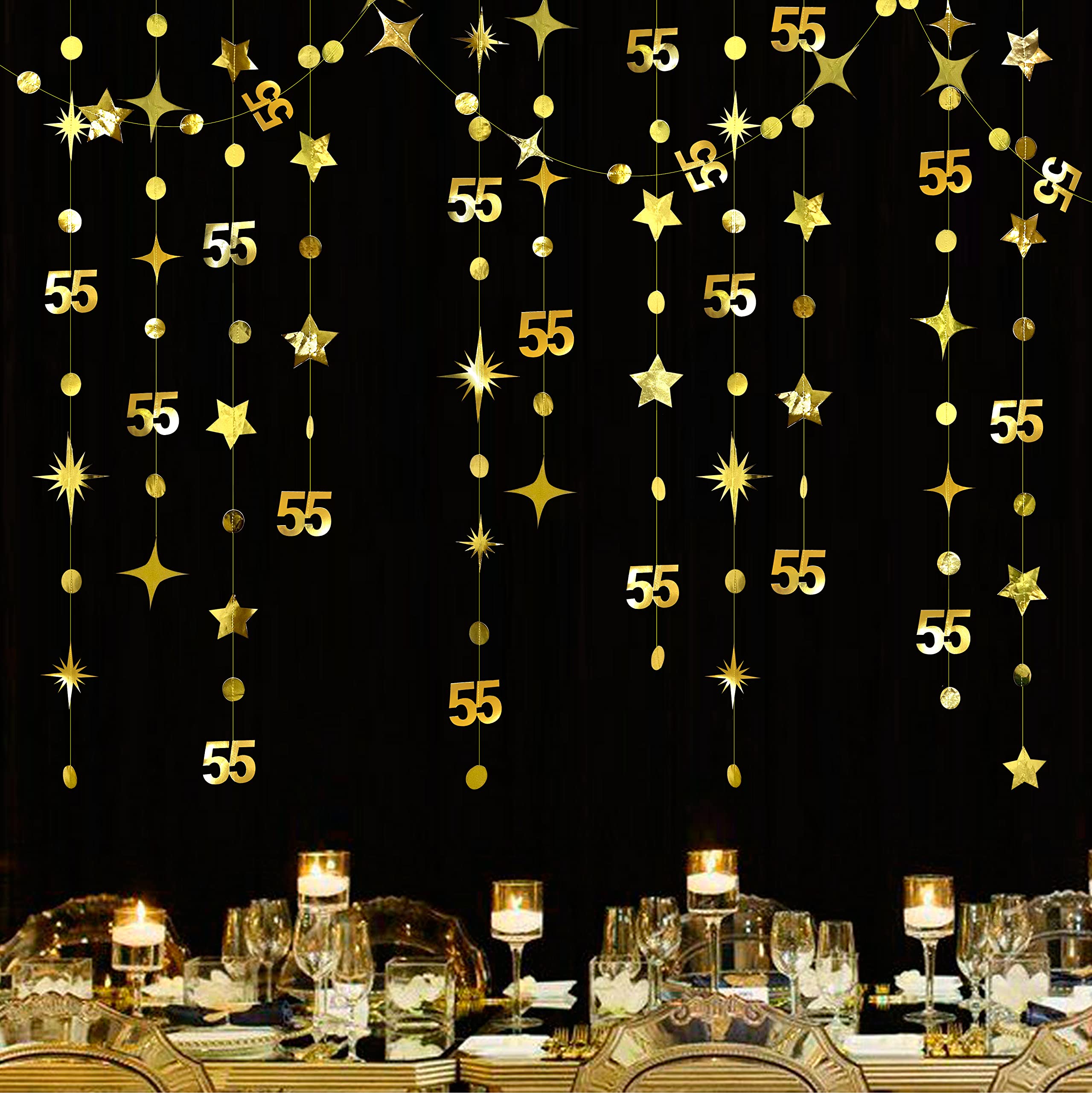 Gold 55th Birthday Decorations Number 55 Circle Dot Twinkle Star Garland Metallic Hanging Streamer Bunting Banner Backdrop for 55 Year Old Birthday Happy 55th Anniversary Fifty Five Party Supplies