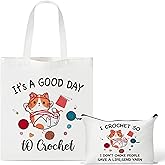 Y1tvei Cartoon Cat Canvas Bags - 2Pcs It’s A Good Day to Crochet Canvas Tote Bag Makeup Pouch, Reusable Grocery Folding Shopping Handbag, Knitting Crocheting Funny Gifts for Knitter Crocheters Women