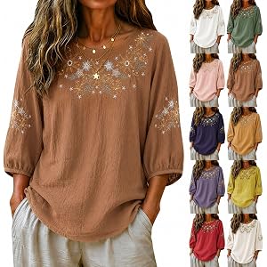 Linen Tops for Women Summer Embroidered 3/4 Sleeve Gauze Shirts | Casual Loose Cotton Blouses Beach Boho Peasant Shirts