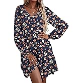 HOTOUCH Womens Casual A Line Dress V Neck Tiered Long Sleeve Fit Swing Dress with Pockets Loose Ruffled Dresses