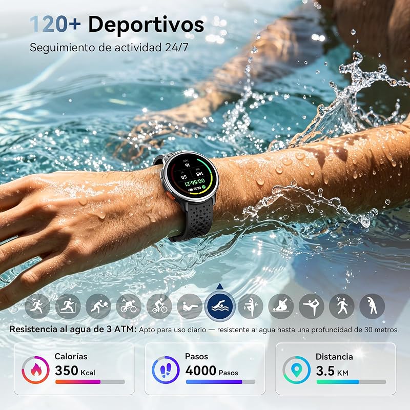 Relógio inteligente masculino de 1,27" Relógio inteligente feminino Tiras redondas 2, monitor de sono Funções de saúde e fitness 120+ Modos desportivos 3ATM Impermeável para iPhone/Samsung/Android Preto — foto 4 de 8