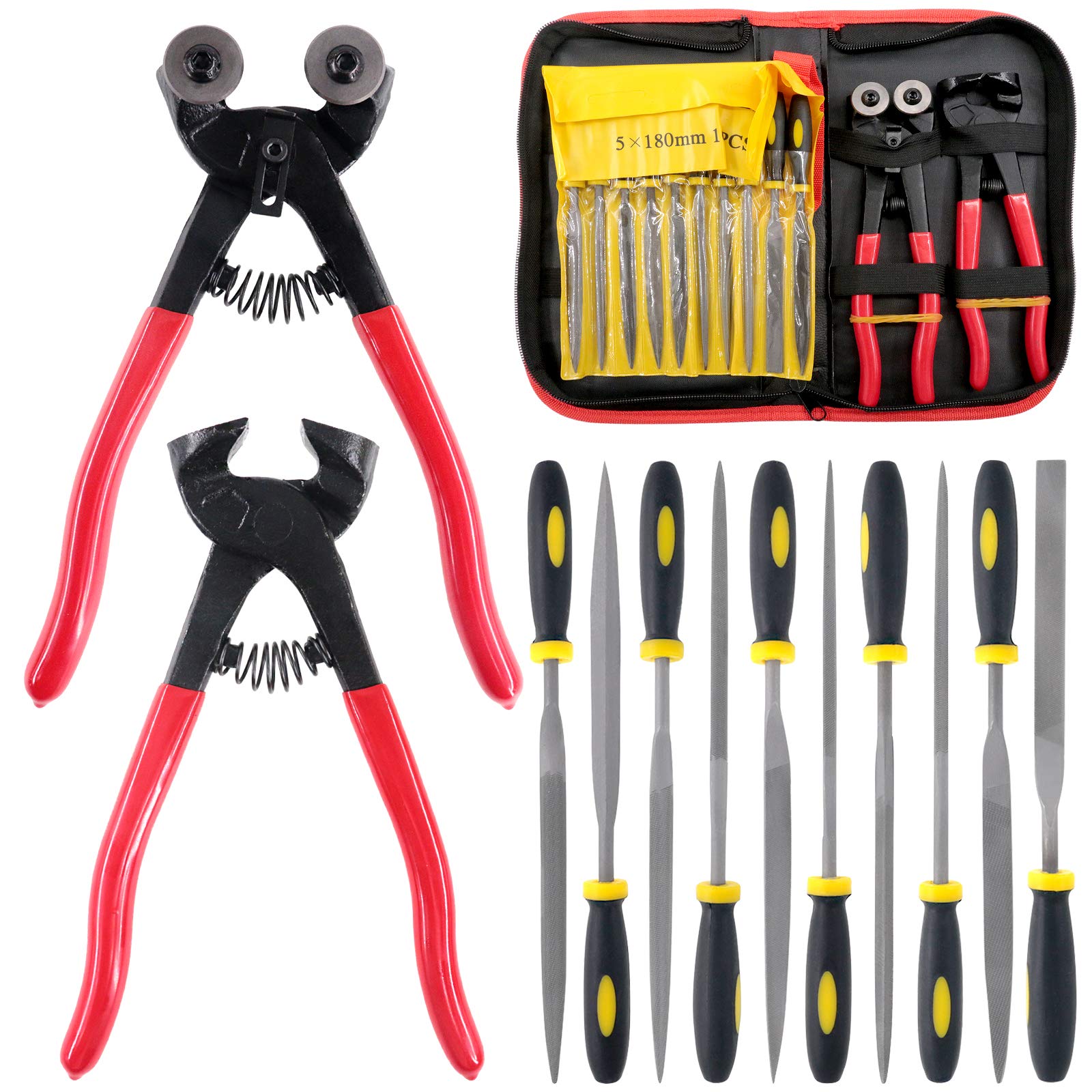Hilitchi 12Pcs Glass and Ceramic Tile Wheel Cutter Pliers, Glass Tile Nipper Mosaic and 10Pcs Diamond Coated Handle Grinding Tool Kit