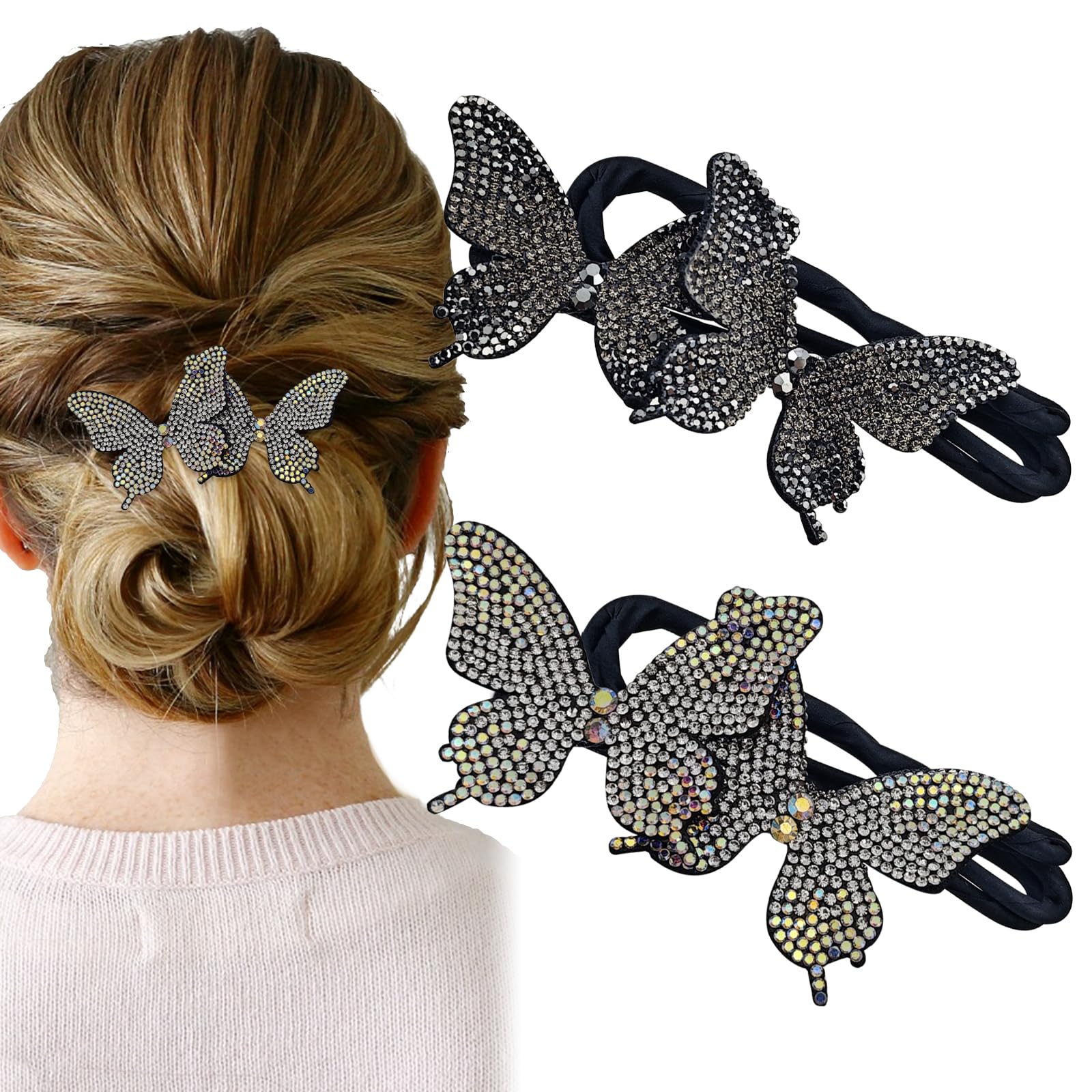 Photo 1 of 2 PACK Rhinestone Butterfly Hair Bun Maker, Elegant Lazy Hair Curler, Rhinestone Hair Bun Maker, French Hairstyle Twist Bun Maker, Elegant Hair Accessories For Women Girls