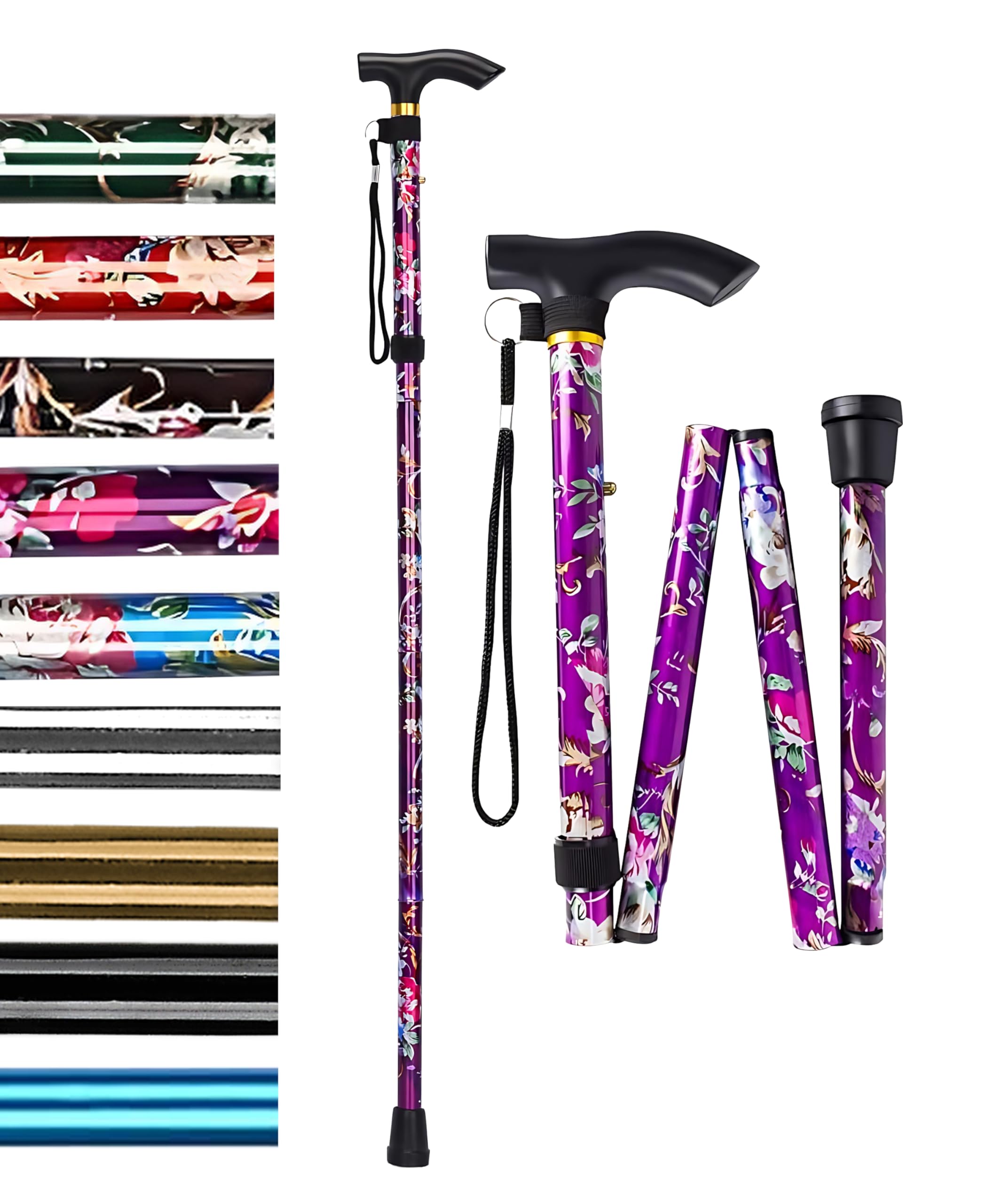 HATAF Walikng Stick, Walking Sticks for Women, Adjustable hight Folding Walking Sticks for Men, Mobility Aids walking stick rubber ends, Folding walking sticks for ladies (Purple Flowers)