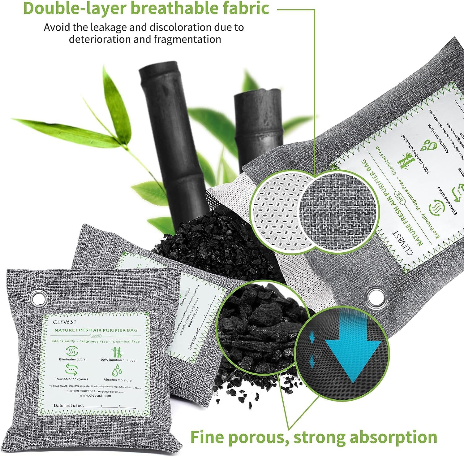 CLEVAST Bamboo Charcoal Air Purifying Bags (Large, 4×200g), Removes Odors and Moisture, Nature Fresh Air Purifier Bags, Odor Eliminator for Home, Car, Pets, Bathroom, Basement
