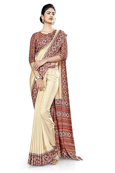 Uniform Sarees Corp Womens Rust Printed Blouse Concept Polycotton Raw Silk College Uniform Saree With Blouse (Beige)