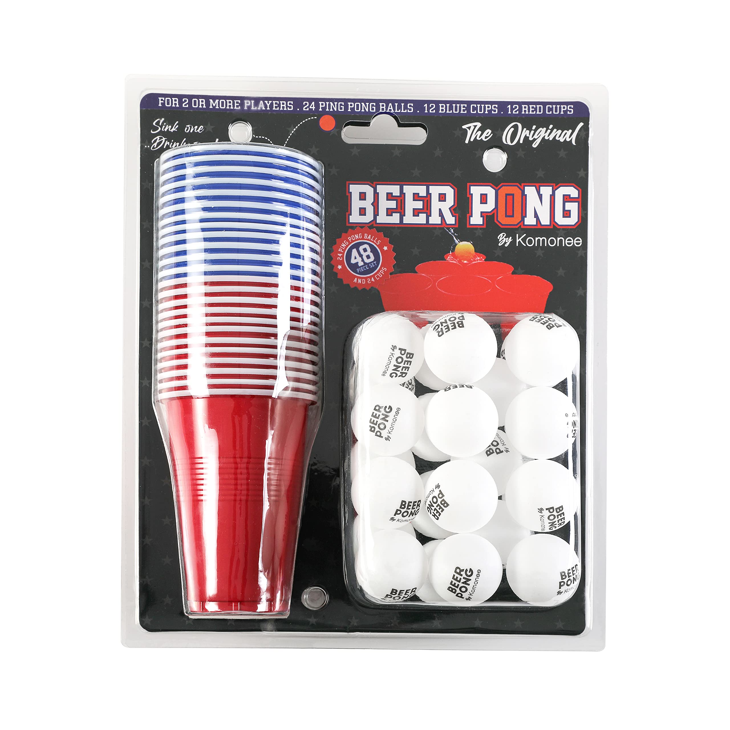 Komonee Beer Pong Set 48 Piece Mega Pack American Adult Indoor Novelty Drinking Game 24 Re-usable Cups and 24 White Balls