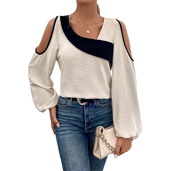 SOLY HUX Women's Cold Shoulder Colorblock Tops Long Sleeve