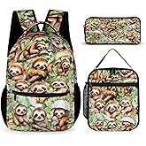 ZCJB-WSRY Sloth Backpack with Lunch Box & Pencil Case, 16 Inch Cute Sloth Themed Bookbag, Adjustable Lightweight Large Capacity, Colorful Backpack Set for Kids Girls Boys School