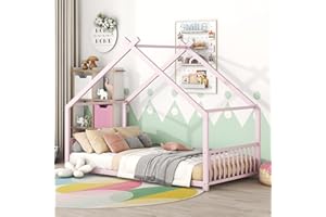 HANLIVES Twin House Bed for Kids, Floor Bed Frame Twin with Headboard and Footboard, Metal Twin Kids Bed Floor Bed for Kids, Girls, Boys(Pink)