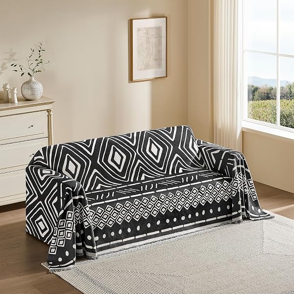 MAYMISS BOHO COUCH COVER FOR DOGS WASHABLE CHENILLE SOFA COVERS REVERSIBLE SOFA SLIPCOVER PET FRIENDLY FOR SECTIONAL SOFA, 2 OR 3 CUSHION COUCH (BOHO1 BLACK, 71″ X 150″)
