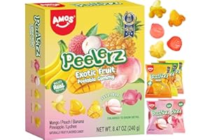 AMOS Peelerz Exotic Fruit Peelable Gummy Candy – 5 Fruit Flavors (Mango, Peach, Banana, Pineapple, Lychee), 8.47oz (240g), Individually Wrapped