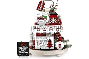 Jetec 12 Pcs Christmas Tiered Tray Decor - Red & Black Buffalo Plaid, Snowflake, Tree, Gnome, Truck - Wooden Signs - Farmhouse Decoration Centerpieces Christmas Decor for Home, Table, Shelf