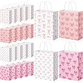 Geyoga 24 Pcs Valentines Pink Bow Paper Gift Bags Pink Party Favor Coquette Goodie Candy Bags with Handle for Bestie Best Friends Birthday Wedding Bridal Party Supplies