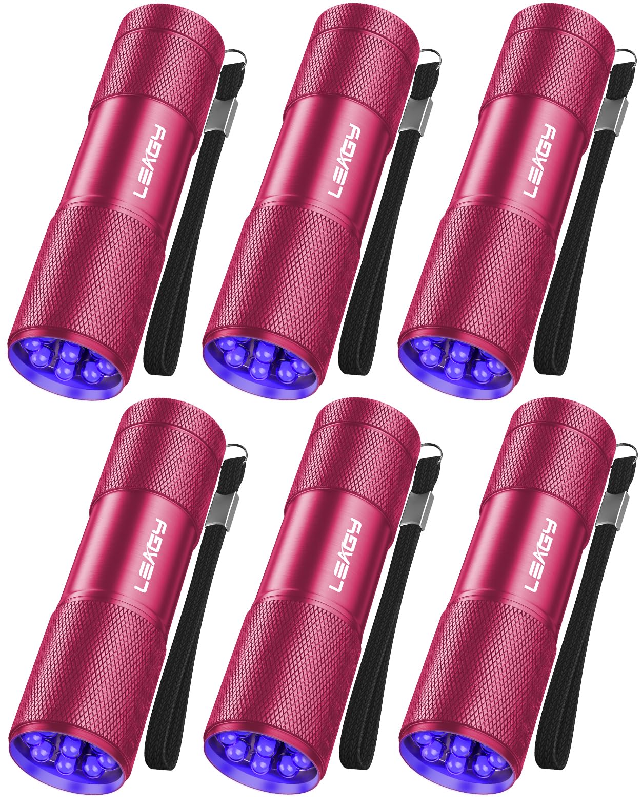 LEAGY 6 Pack UV Ultra Violet Blacklight 9 LED Flashlight Torch Light Outdoors Etc (Pink)