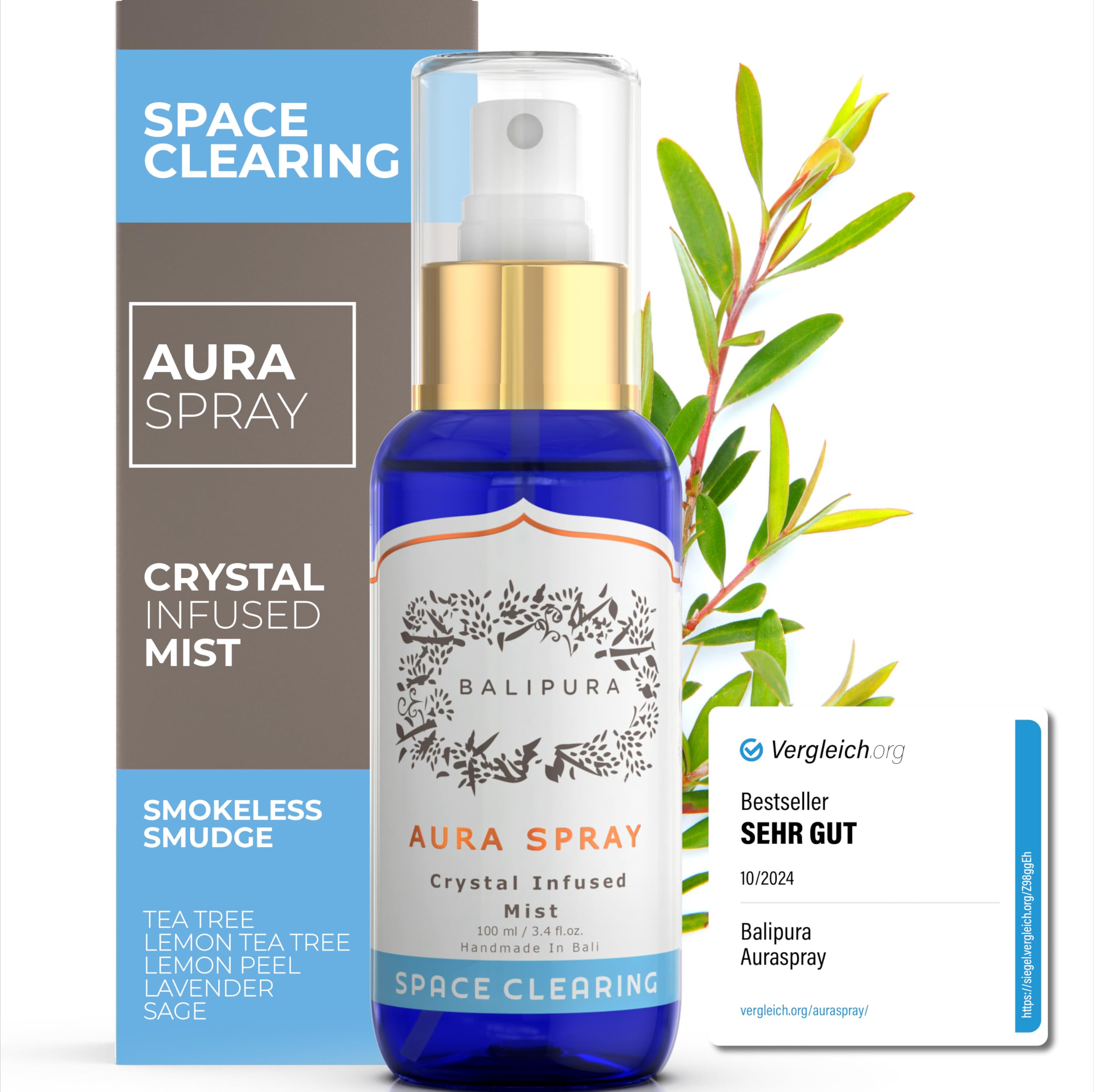 BALIPURA - Aura & Chakra Spray Gift for Women - Space Clearing Spray Crystal Infused Mist with Black Tourmaline & Selenite - Organic Essential Oil - Cleansing & Healing Energy - 3.4 fl.oz