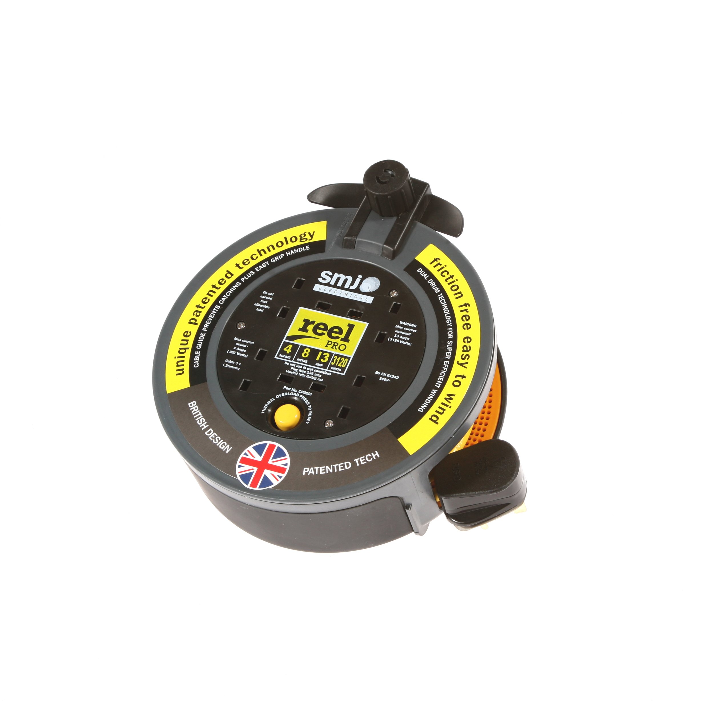 Deta SMJ Reel Pro Cassette Extension Lead 4 Socket 8 Metre 13 Amp