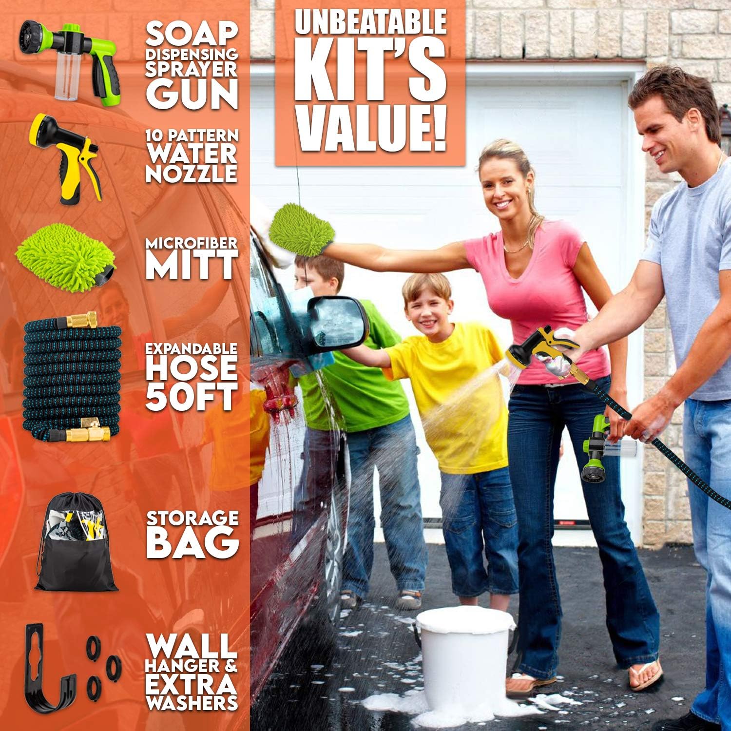 Topidex Car Wash Kit, Expandable Garden Hose 50 FT - with High Pressure Spray Nozzle – Durable Soap Dispensing Sprayer Gun - 9 Spray + 3 Foam Spraying Patterns with Storage Bag, Hanger & Wash Mitt : Home Improvement
